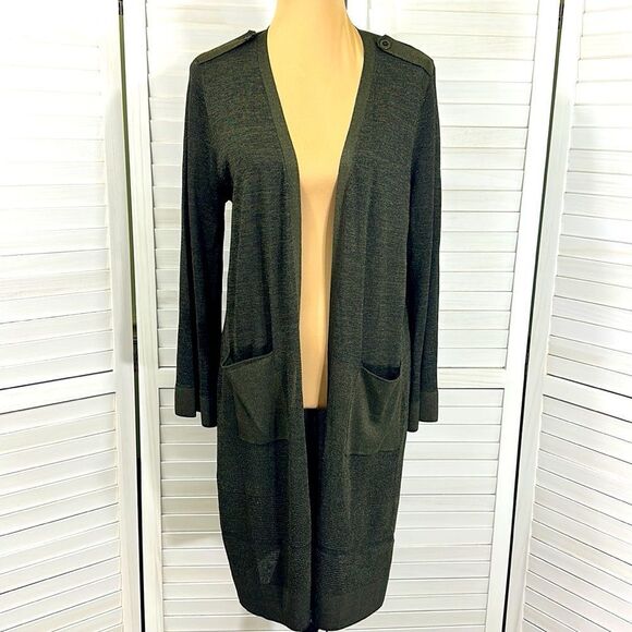 Chico's Cardigan Duster Size 2 Large Size 12 Mix Stitch Olive Green Lightweight - Picture 3 of 16